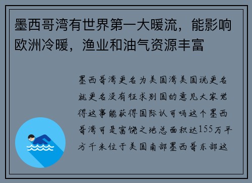 墨西哥湾有世界第一大暖流，能影响欧洲冷暖，渔业和油气资源丰富